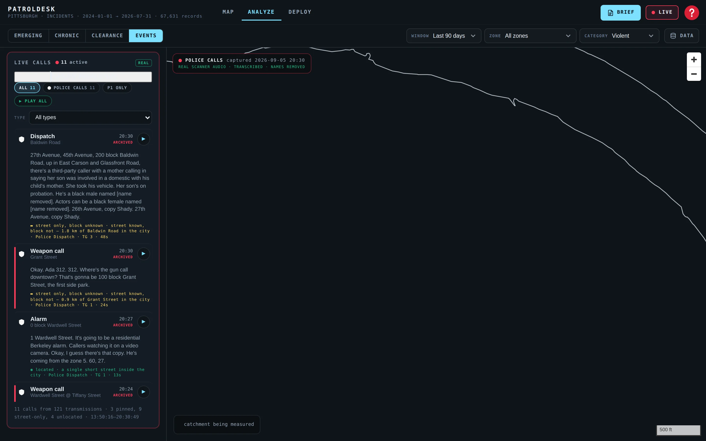 The live layer: transcribed dispatch calls logged on the left, plotted on the map with historical analysis hidden